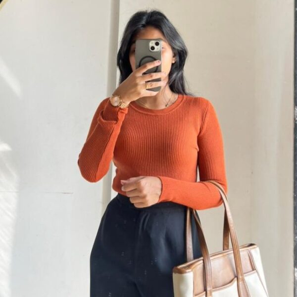 Rust Ribbed Body Hugging Full Sleeve Knit Top