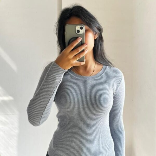 Grey Ribbed Body Hugging Full Sleeve Knit Top