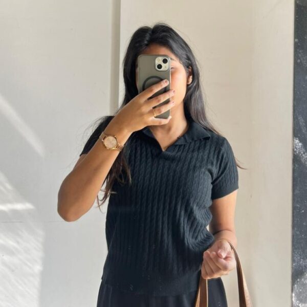Black Cable-Knit Polo Top