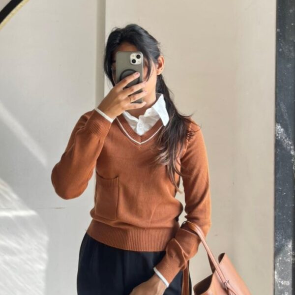 Brown V-neck With Attached White Collar Sweater