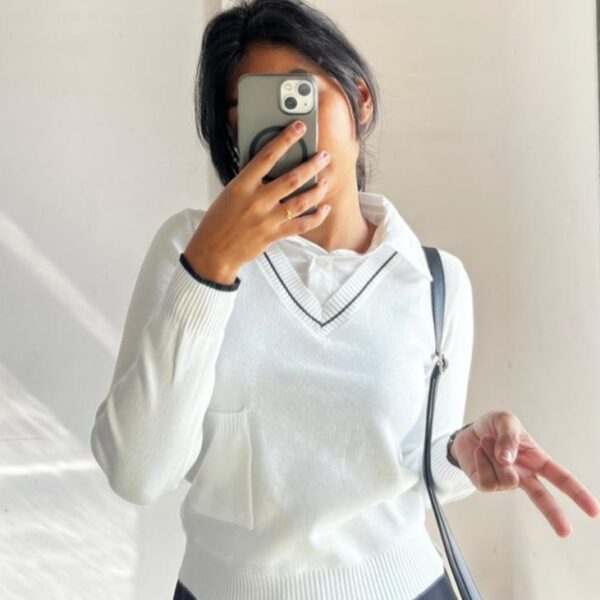 White V-neck With Attached White Collar Sweater