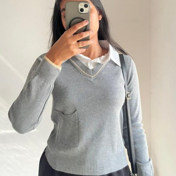 Grey V-neck With Attached White Collar Sweater
