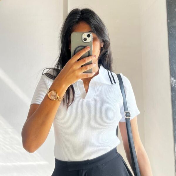 White Ribbed Polo Collar Knit Top
