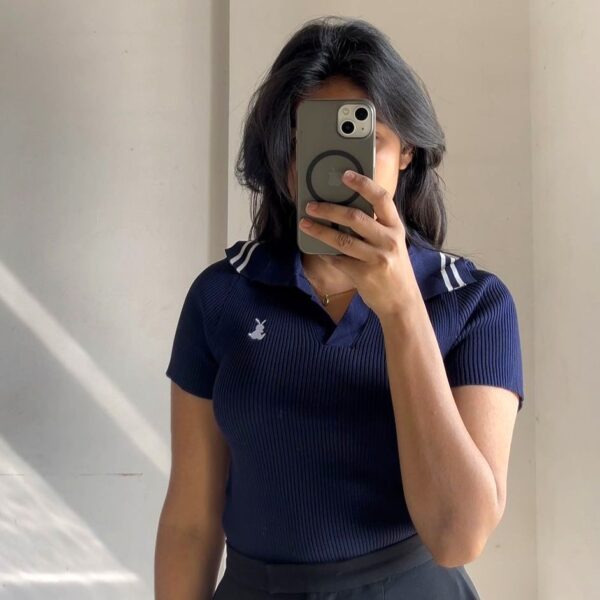 Navy Ribbed Polo Collar Knit Top