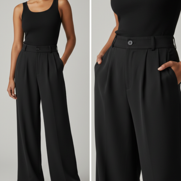 Black High-Waist Pleated Premium Wide-Leg Trousers