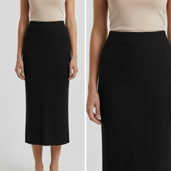 Black Ribbed Midi Skirt
