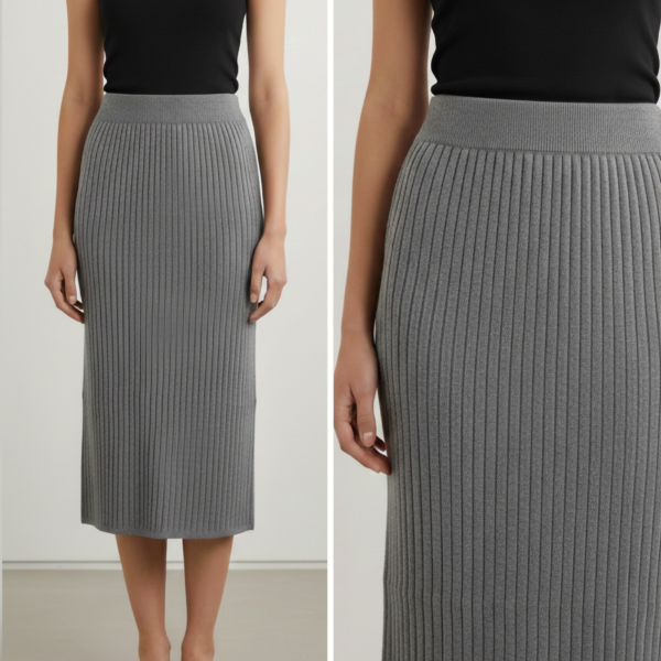 Grey Ribbed Midi Skirt