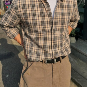 Men's Classic Checked Shirt – Khaki, Cream, & Black Tartan