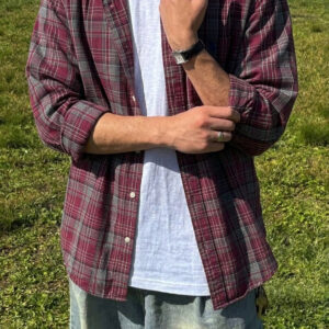 Men’s Long-Sleeve Plaid Button-Down Shirt – Maroon and Grey Checked