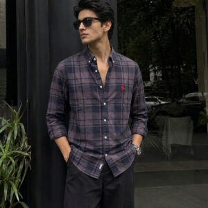 Men’s Long-Sleeve Plaid Button-Down Shirt – Muted Purple and Navy Checked