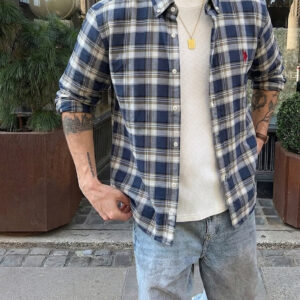 Men’s Long-Sleeve Plaid Button-Down Shirt – Navy Blue and White Checked