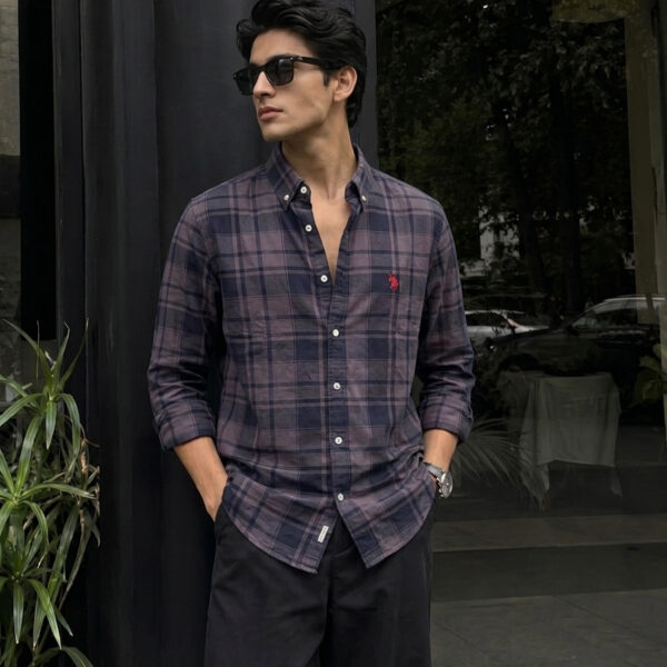 Men wearing purple and navy checked full sleeve shirt