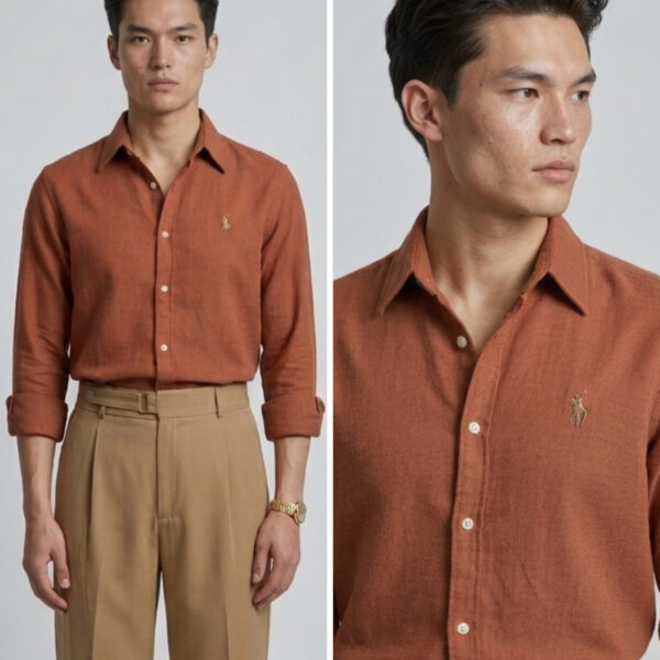 Rust Cotton Linen Shirt for Men Premium Solid Casual Full Sleeve Shirt