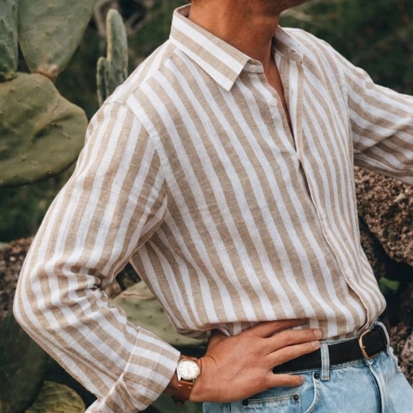 Beige White Striped Cotton Linen Shirt for Men Regular Fit Casual Shirt