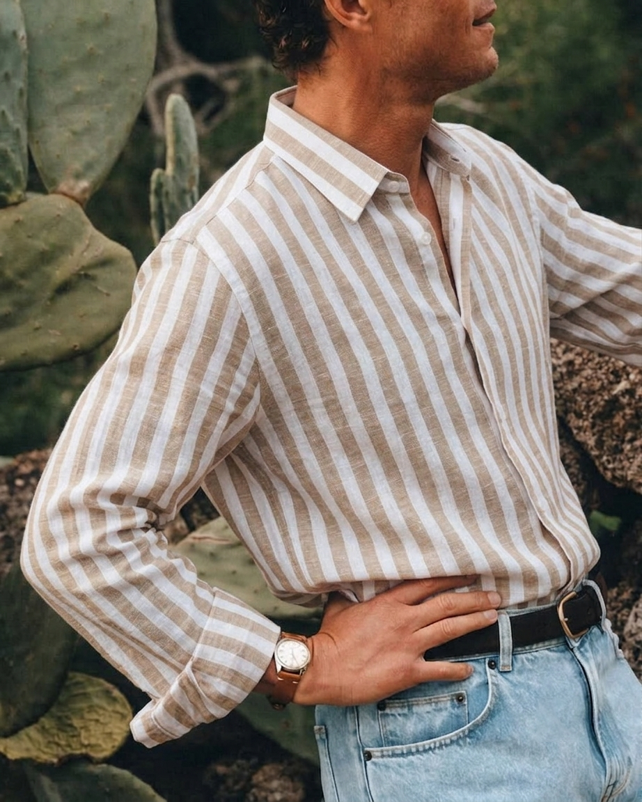 Beige White Striped Cotton Linen Shirt for Men Regular Fit Casual Shirt