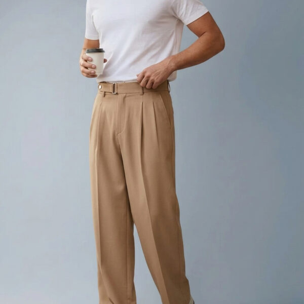 Men's Beige Korean Wide Leg Pleated Trousers with relaxed fit