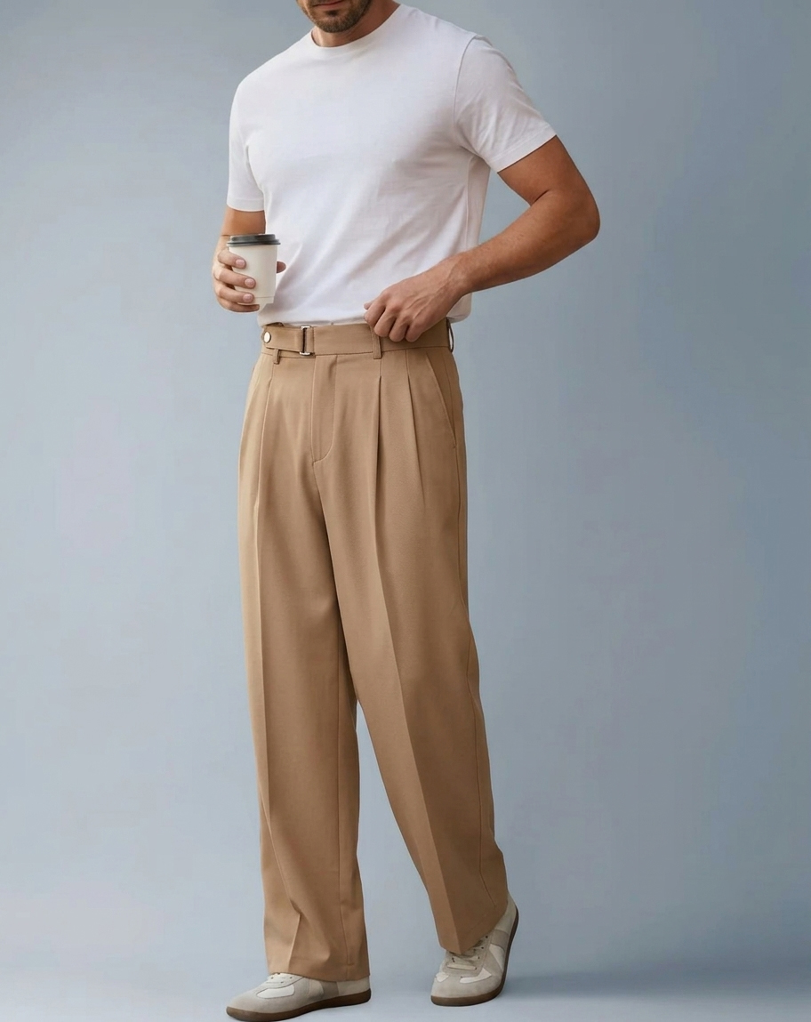 Men's Beige Korean Wide Leg Pleated Trousers with relaxed fit