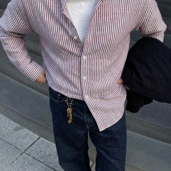 White Burgundy Striped Cotton Linen Shirt for Men Regular Fit Casual Shirt