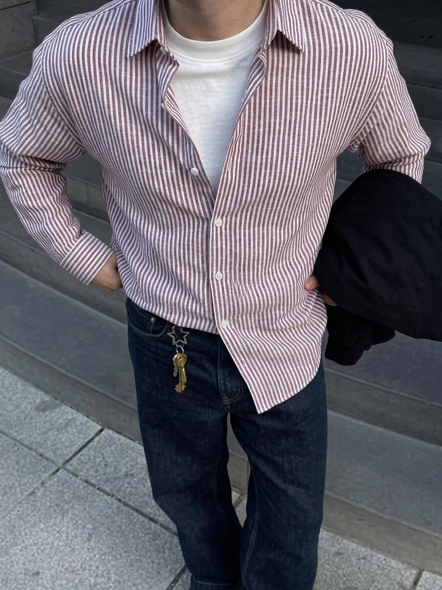 White Burgundy Striped Cotton Linen Shirt for Men Regular Fit Casual Shirt