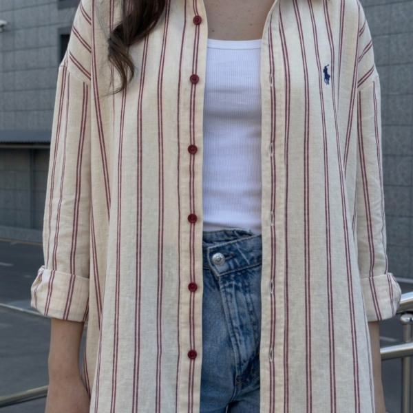 Women's Cream & Burgundy Striped Oversized Shirt with relaxed fit