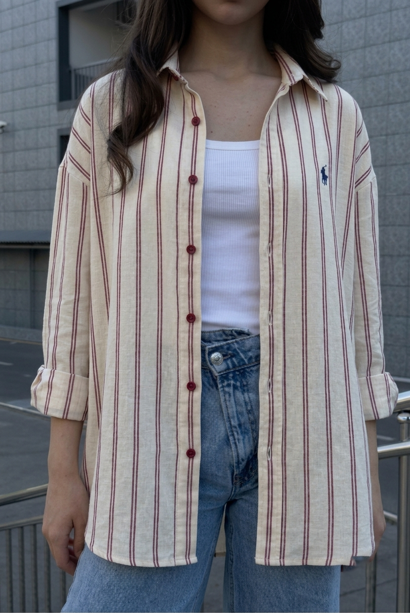 Women's Cream & Burgundy Striped Oversized Shirt with relaxed fit