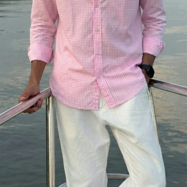Men's Pink Gingham Check Shirt with long sleeves and button-down front