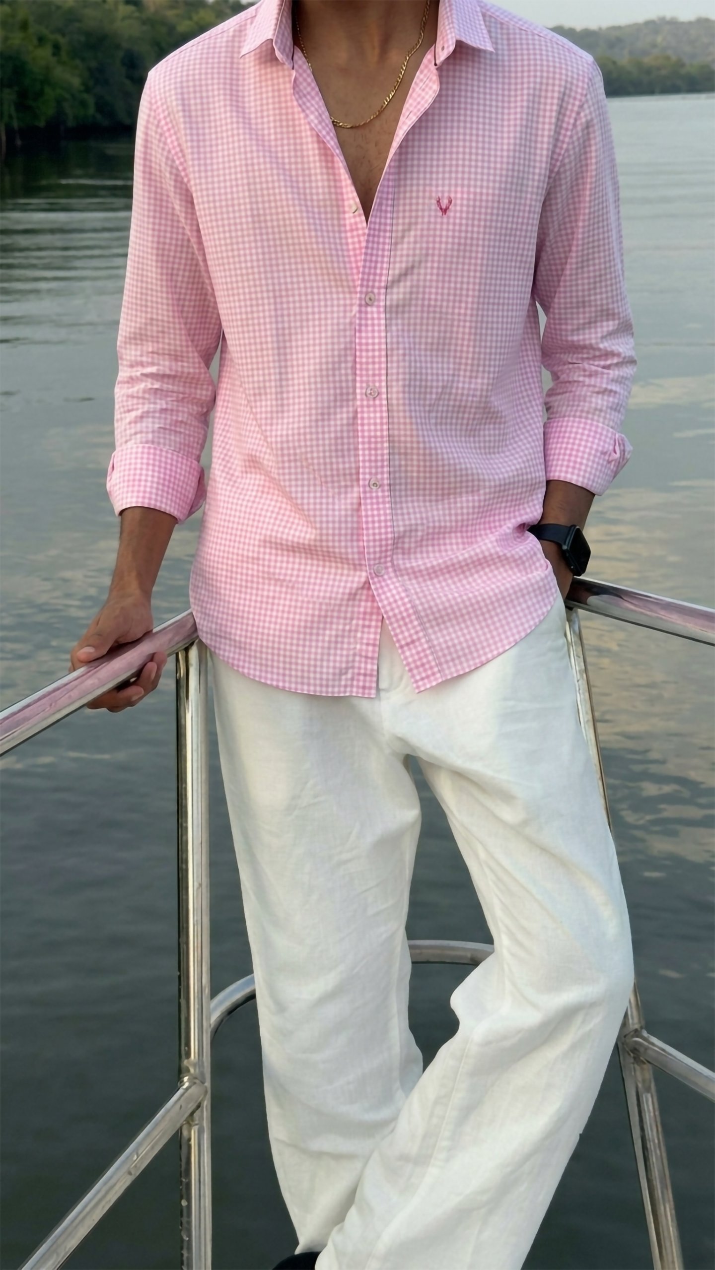 Men's Pink Gingham Check Shirt Men's Pink Gingham Check Shirt with long sleeves and button-down front